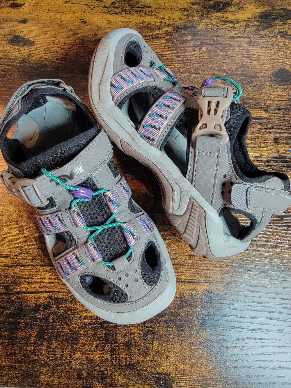 Teva Omnium Size 5.5 Gray Sandals with Purple and Teal Accents